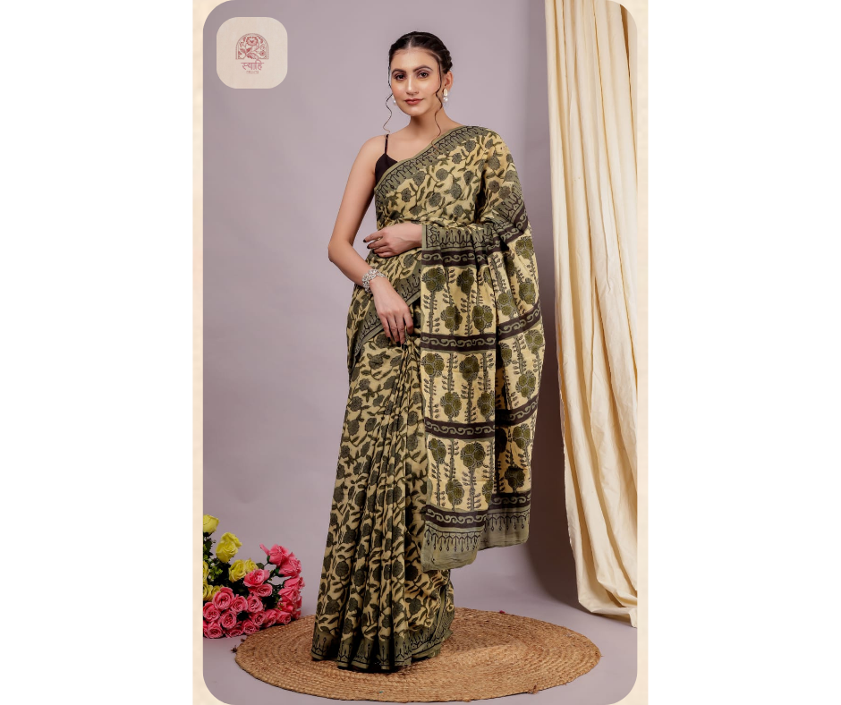 Hand Block Ajrak Vanaspati Silk Saree