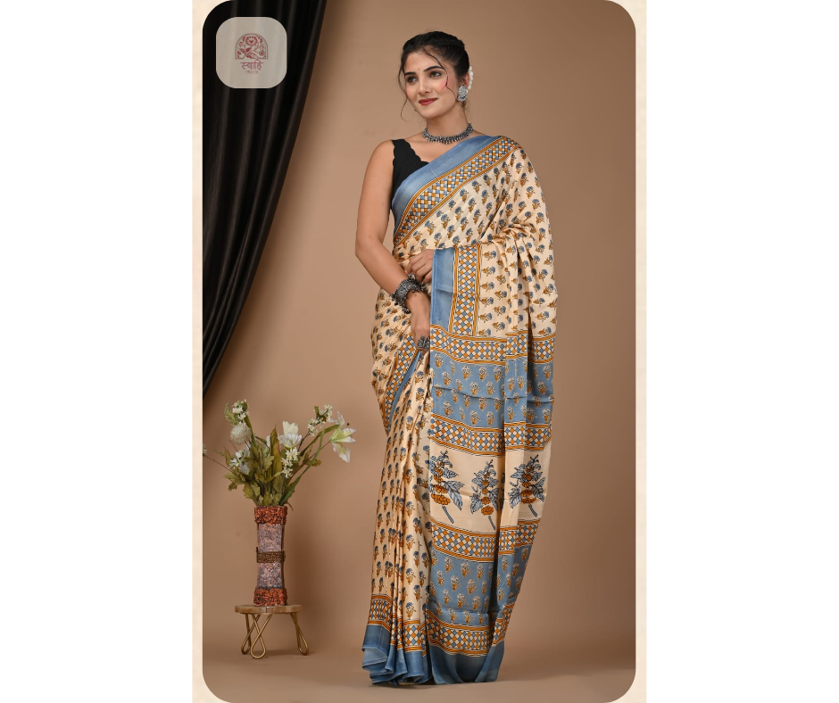 Hand Block Ajrak Vanaspati Silk Saree