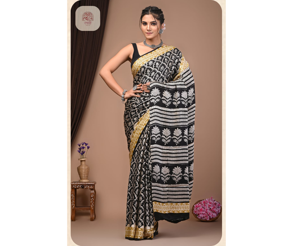 Hand Block Ajrak Vanaspati Silk Saree