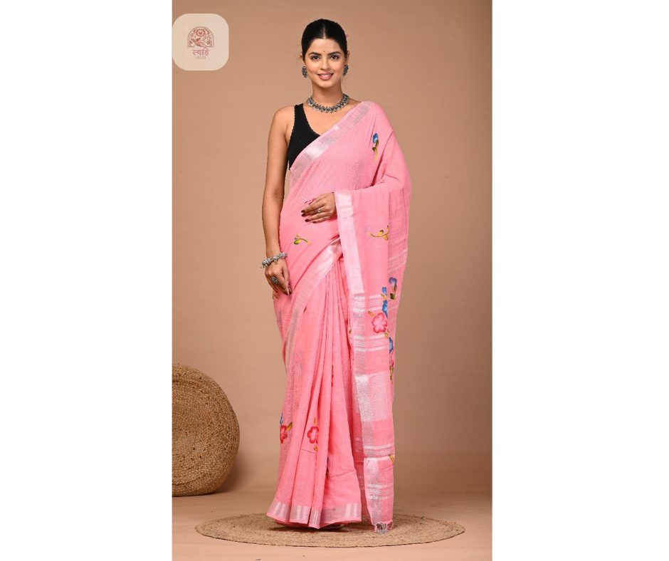 Hand Block Printed Linen Saree with Blouse - Natural Dye