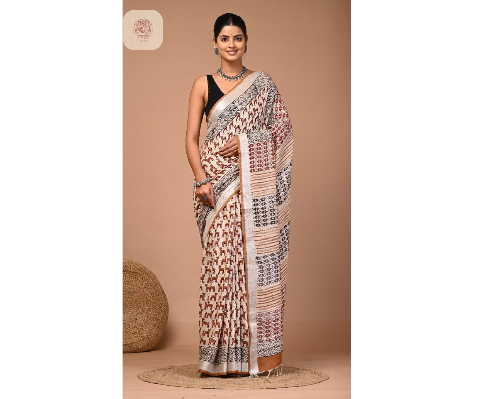 Hand Block Printed Linen Saree with Blouse - Natural Dye