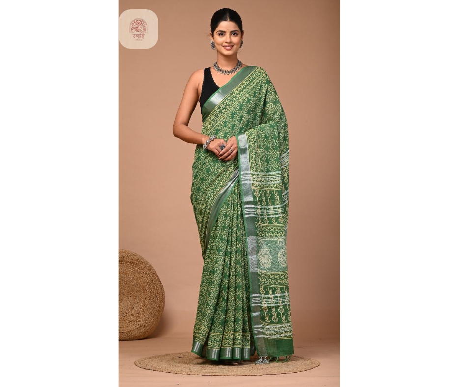 Hand Block Printed Linen Saree with Blouse - Natural Dye