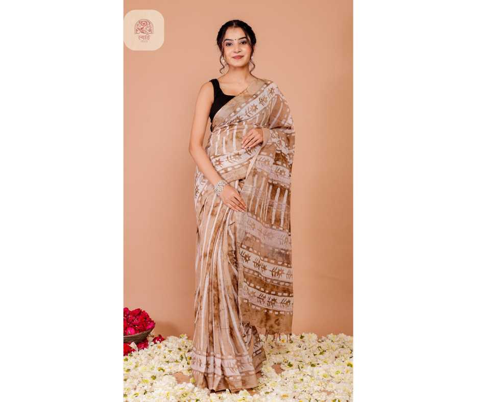 Hand Block Printed Linen Saree with Blouse - Natural Dye