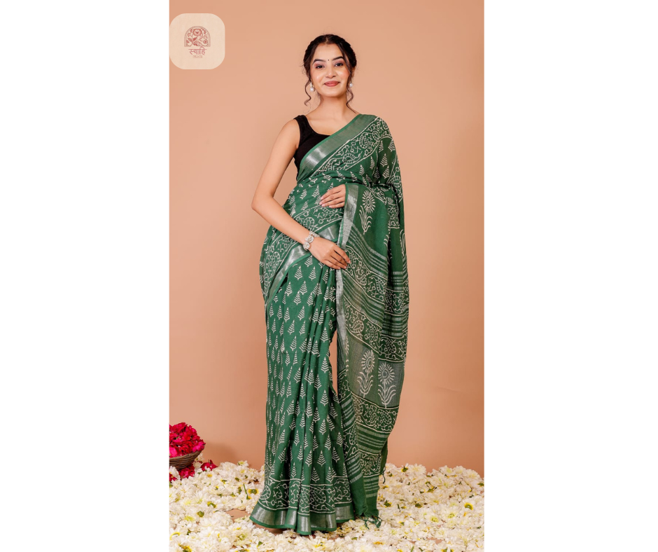 Hand Block Printed Linen Saree with Blouse - Natural Dye
