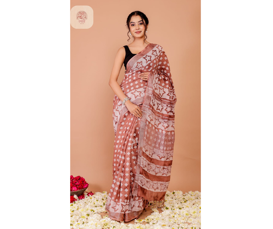 Hand Block Printed Linen Saree with Blouse - Natural Dye