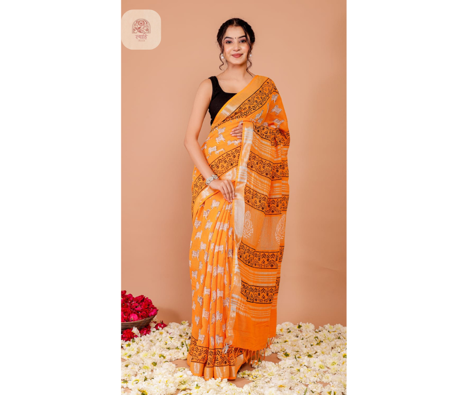 Hand Block Printed Linen Saree with Blouse - Natural Dye