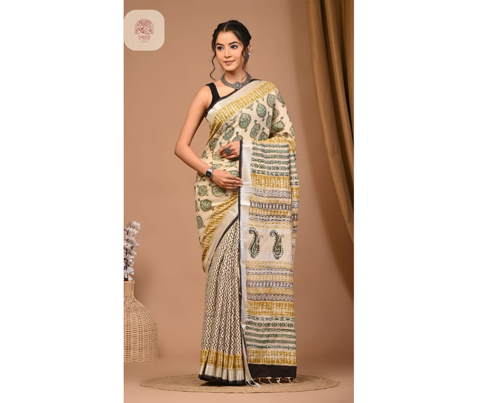 Hand Block Printed Linen Saree with Blouse - Natural Dye