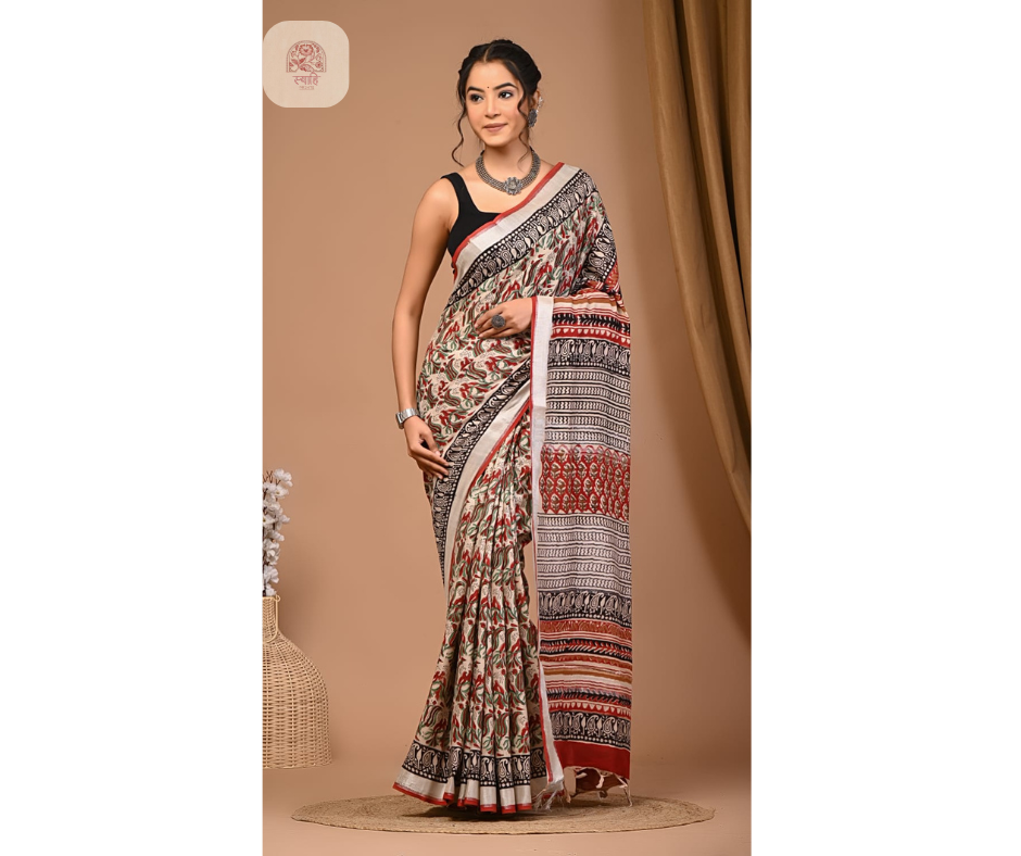 Hand Block Printed Linen Saree with Blouse - Natural Dye
