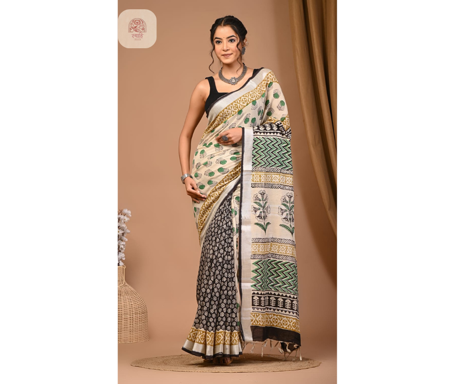 Hand Block Printed Linen Saree with Blouse - Natural Dye