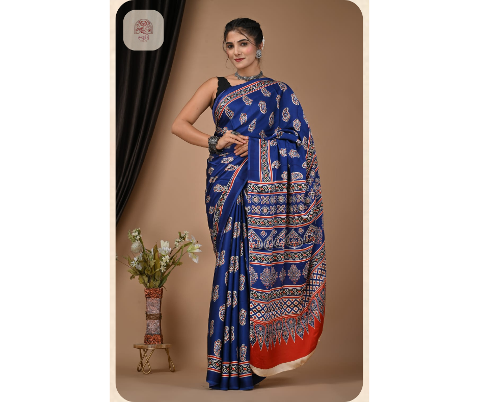 Hand Block Ajrak Vanaspati Silk Saree
