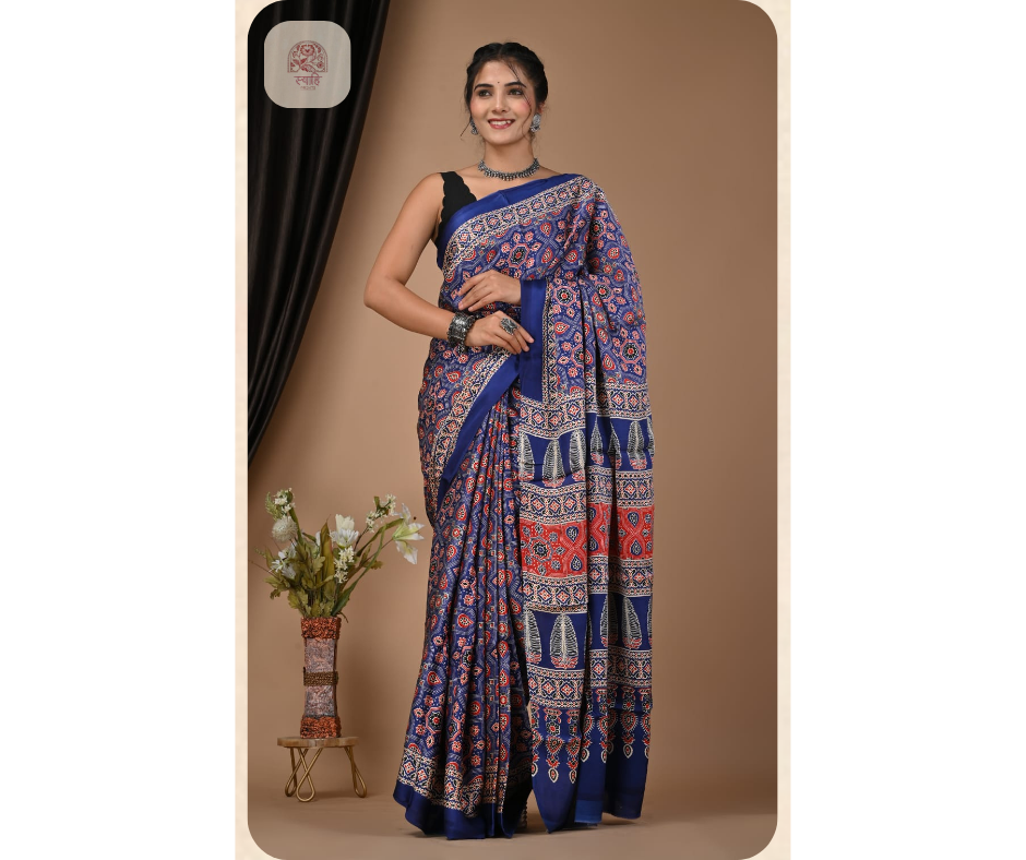 Hand Block Ajrak Vanaspati Silk Saree