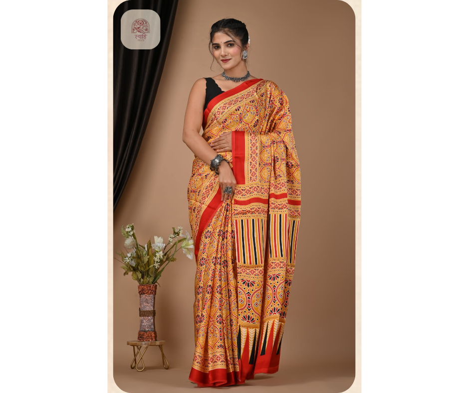 Hand Block Ajrak Vanaspati Silk Saree