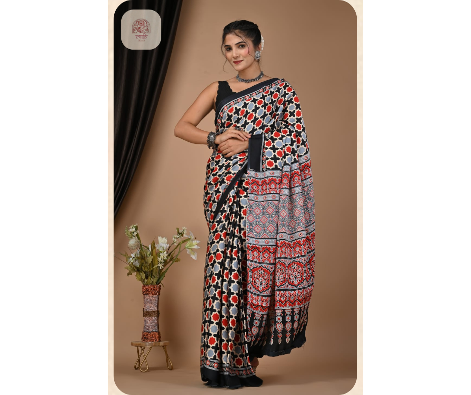 Hand Block Ajrak Vanaspati Silk Saree