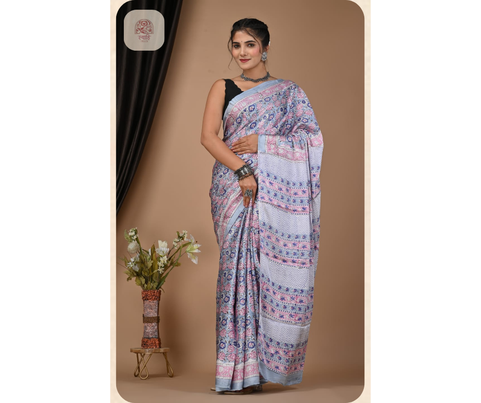 Hand Block Ajrak Vanaspati Silk Saree