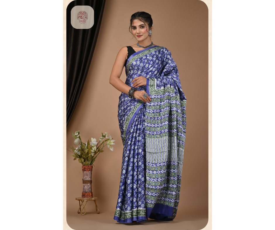 Hand Block Ajrak Vanaspati Silk Saree