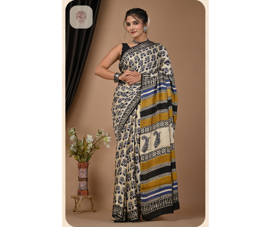 Hand Block Ajrak Vanaspati Silk Saree